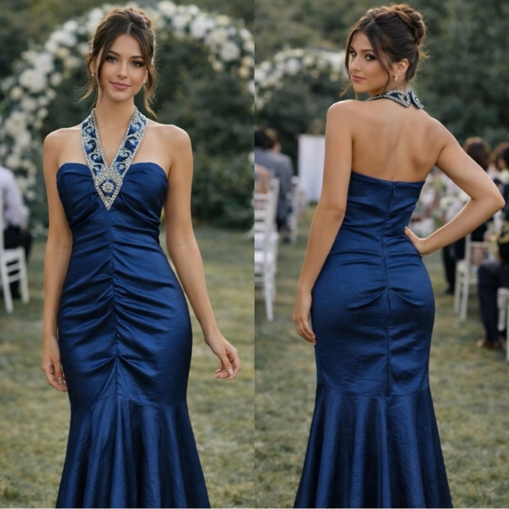 Y2K Vintage Betsy & Adam Blue Satin Rhinestone Halter Mermaid Gown Dress L 14